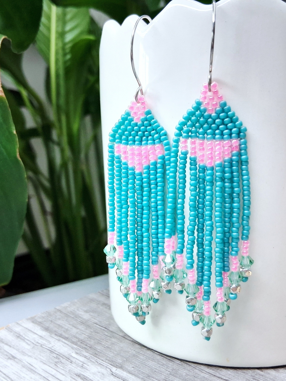 Turquoise and Pink Beaded Fringe Earrings With Swarovski Accents